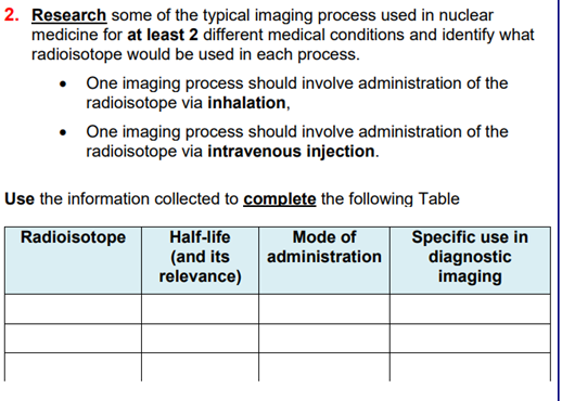 2. Research some of the typical imaging process used in nuclear
medicine for at least 2 different medical conditions and identify what
radioisotope would be used in each process.
• One imaging process should involve administration of the
radioisotope via inhalation,
• One imaging process should involve administration of the
radioisotope via intravenous injection.
Use the information collected to complete the following Table
Radioisotope
Half-life
(and its
relevance)
Mode of
administration
Specific use in
diagnostic
imaging