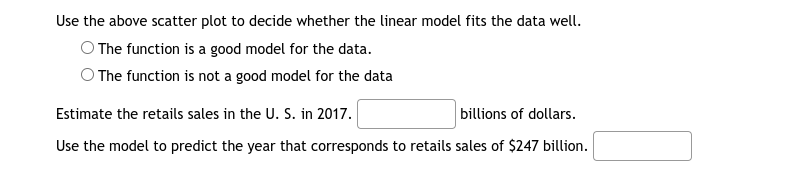 Use the above scatter plot to decide whether the linear model fits the data well.
O The function is a good model for the data.
O The function is not a good model for the data
Estimate the retails sales in the U. S. in 2017.
billions of dollars.
Use the model to predict the year that corresponds to retails sales of $247 billion.
