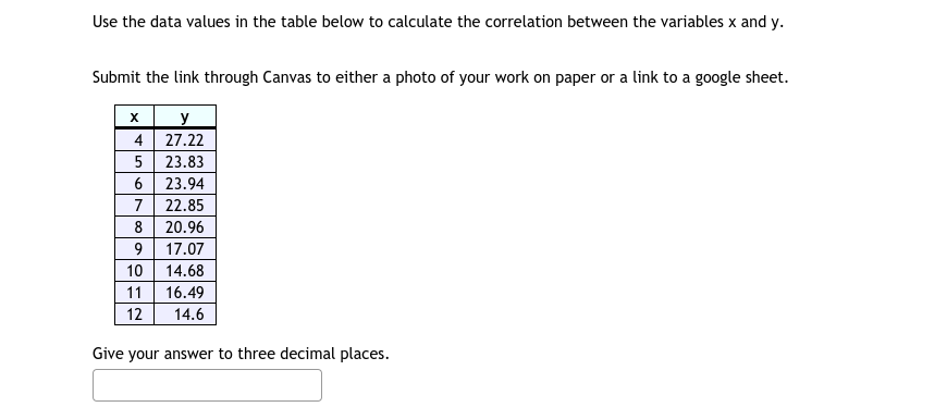 Use the data values in the table below to calculate the correlation between the variables x and y.
Submit the link through Canvas to either a photo of your work on paper or a link to a google sheet.
y
4 27.22
5
23.83
6
23.94
7 22.85
8
20.96
9
17.07
10
14.68
11
16.49
12
14.6
Give your answer to three decimal places.
