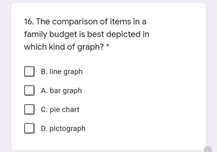 16. The comparison of items in a
family budget is best depicted in
which kind of graph? *
B. line graph
A. bar graph
C. pie chart
D. pictograph
