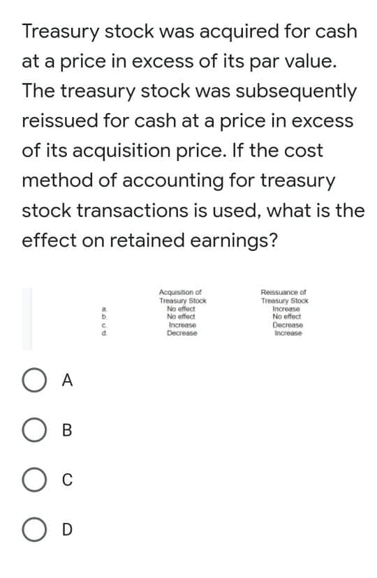 Treasury stock was acquired for cash
at a price in excess of its par value.
The treasury stock was subsequently
reissued for cash at a price in excess
of its acquisition price. If the cost
method of accounting for treasury
stock transactions is used, what is the
effect on retained earnings?
Acquisition of
Treasury Stock
No effect
No effect
Reissuance of
Treasury Stock
Increase
No effect
Decrease
Increase
Increase
Decrease
O A
B
Ос
O D
