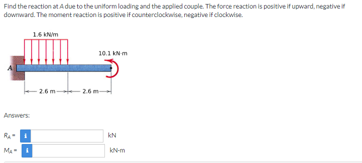Find the reaction at A due to the uniform loading and the applied couple. The force reaction is positive if upward, negative if
downward. The moment reaction is positive if counterclockwise, negative if clockwise.
1.6 kN/m
10.1 kN-m
2.6 m
2.6 m-
Answers:
RA =
i
kN
MA =
i
kN-m
