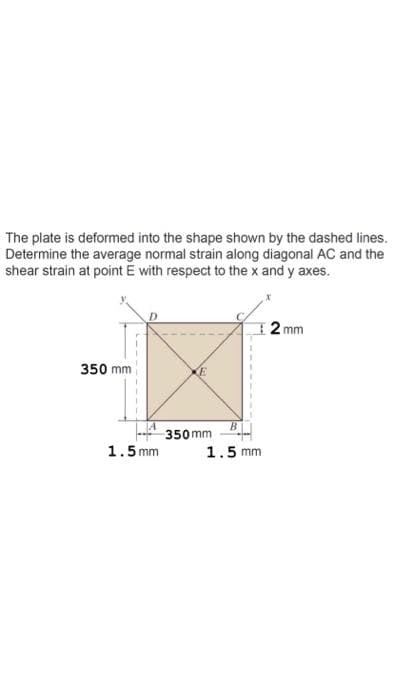 The plate is deformed into the shape shown by the dashed lines.
Determine the average normal strain along diagonal AC and the
shear strain at point E with respect to the x and y axes.
2 mm
350 mm
B.
350 mm
1.5 mm
1.5 mm
