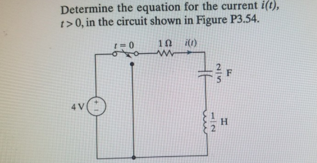 Determine the equation for the current i(t),
t> 0, in the circuit shown in Figure P3.54.
it)
10
= 0
4 V
2/5
12
