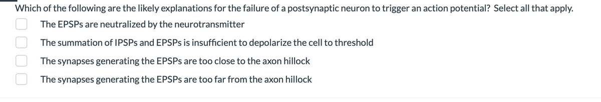 Which of the following are the likely explanations for the failure of a postsynaptic neuron to trigger an action potential? Select all that apply.
The EPSPs are neutralized by the neurotransmitter
The summation of IPSPs and EPSPs is insufficient to depolarize the cell to threshold
The synapses generating the EPSPs are too close to the axon hillock
The synapses generating the EPSPs are too far from the axon hillock