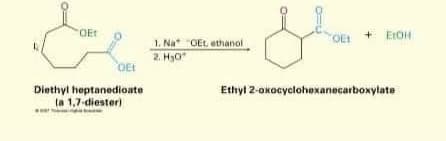 QEt
OEt
Diethyl heptanedioate
(a 1,7-diester)
1. Na OEt, ethanol
2. HSO
OEt + EtOH
Ethyl 2-oxocyclohexanecarboxylate