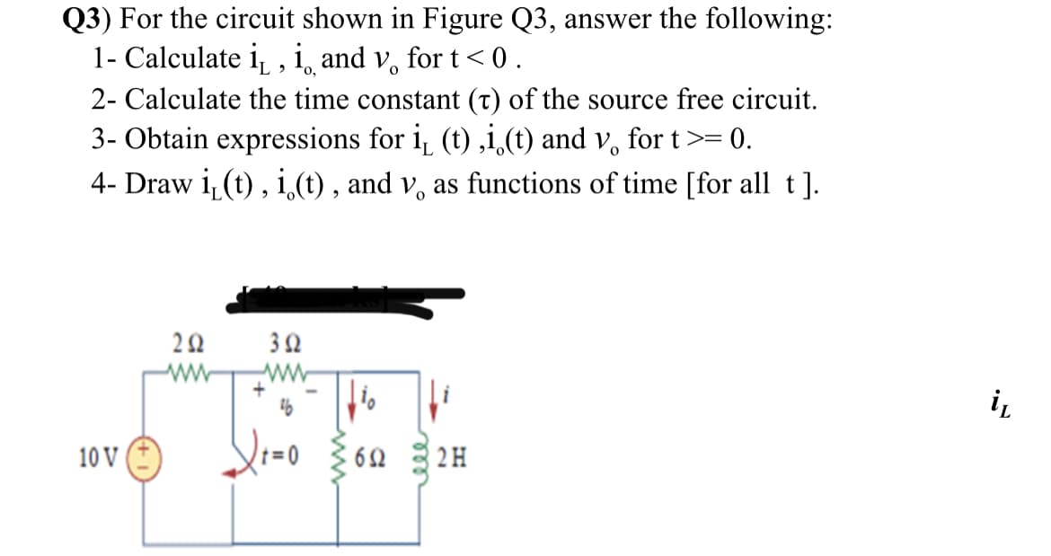 Q3) For the circuit shown in Figure Q3, answer the following:
1- Calculate i, , i̟ and v,
for t<0.
2- Calculate the time constant (t) of the source free circuit.
3- Obtain expressions for i, (t) ,i,(t) and v, for t>=
4- Draw i (t) , i,(t) , and v, as functions of time [for all t].
= 0.
ww
i,
10 V
2 H
