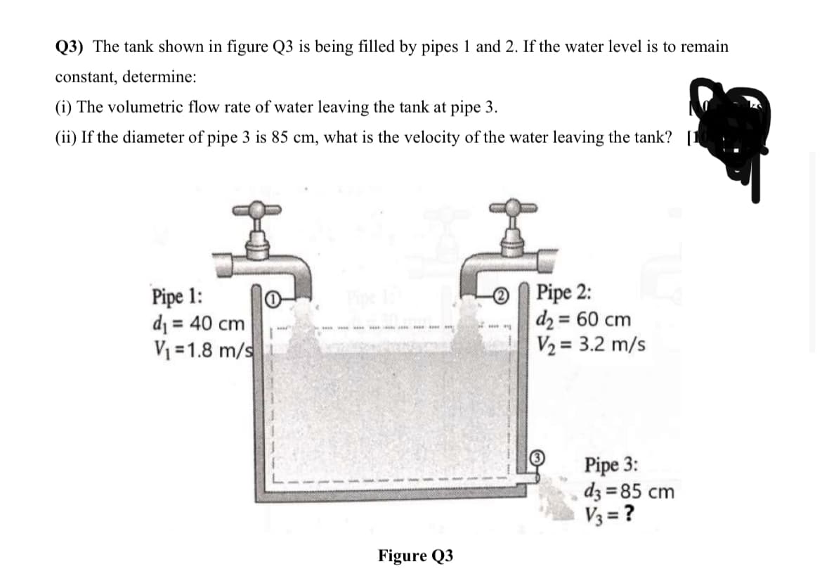 Q3) The tank shown in figure Q3 is being filled by pipes 1 and 2. If the water level is to remain
constant, determine:
(i) The volumetric flow rate of water leaving the tank at pipe 3.
(ii) If the diameter of pipe 3 is 85 cm, what is the velocity of the water leaving the tank?
Pipe 1:
di = 40 cm
V1 =1.8 m/s
Pipe 2:
d2 = 60 cm
V2 = 3.2 m/s
Pipe 3:
dz = 85 cm
V3 = ?
Figure Q3
