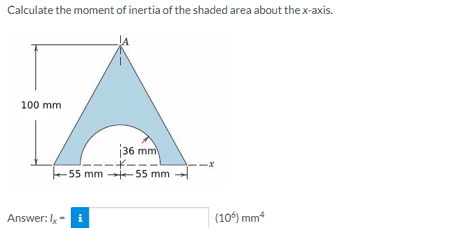 Calculate the moment of inertia of the shaded area about the x-axis.
100 mm
A
36 mm
·*-
55 mm 55 mm
Answer: Ix = i
·x
(106) mm4