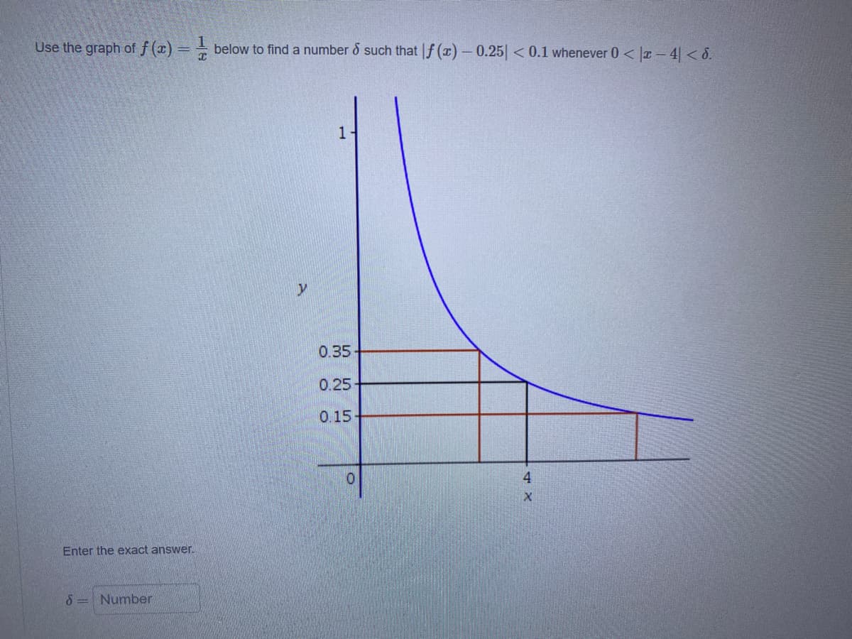 Use the graph of f (x) = below to find a number o such that f () - 0.25 < 0.1 whenever 0 < |a – 4| < 8.
1
y
0.35
0.25
0.15
0.
4
Enter the exact answer.
8 = Number
