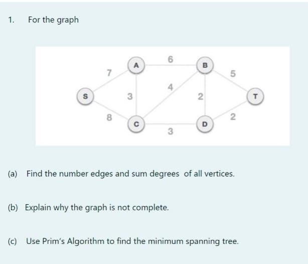 1.
For the graph
A
в
4.
2
т
8.
D
(a) Find the number edges and sum degrees of all vertices.
(b) Explain why the graph is not complete.
(c) Use Prim's Algorithm to find the minimum spanning tree.
5
2.
