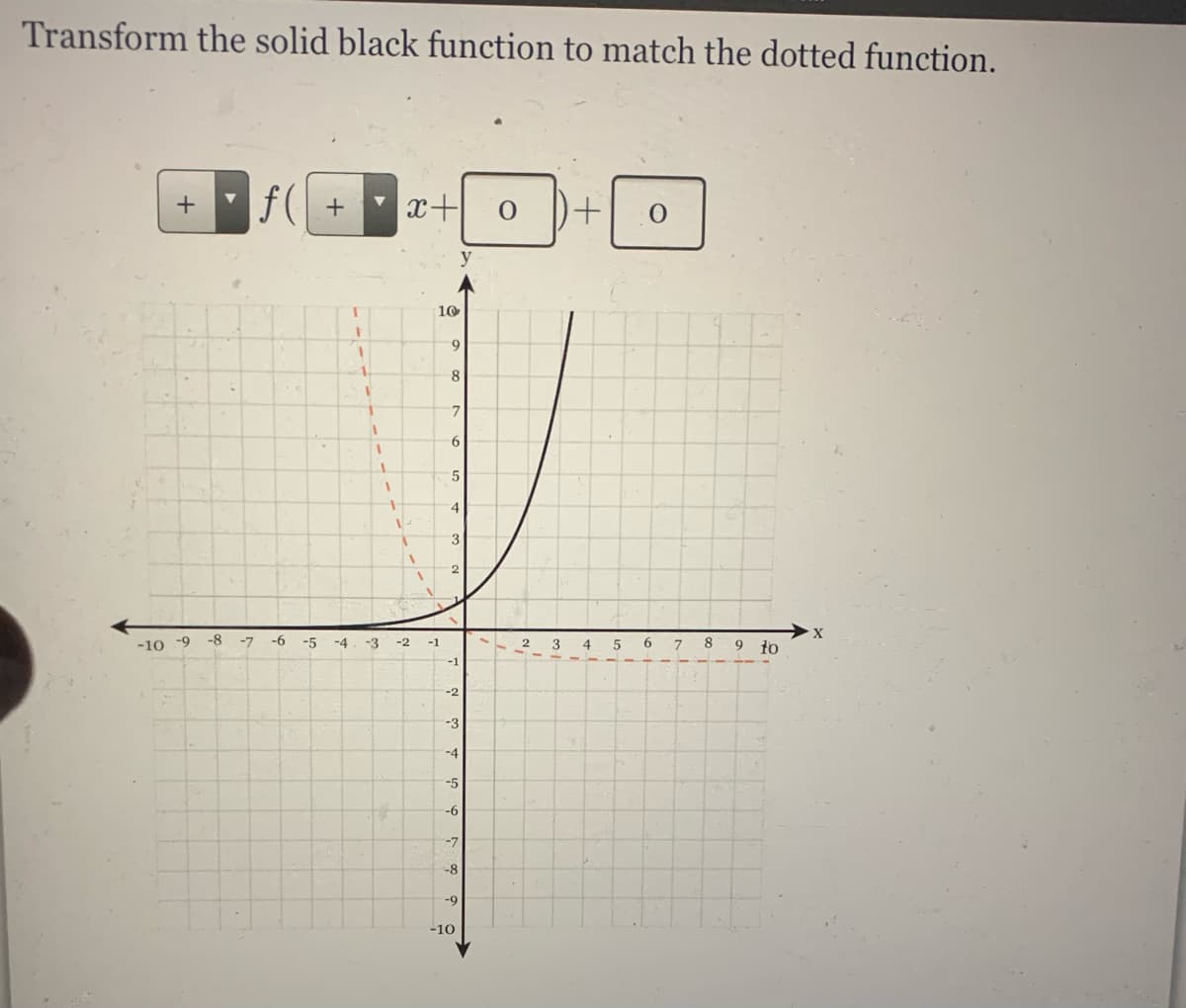 Transform the solid black function to match the dotted function.
f( +
x+
10
9.
8.
7
6.
-10 -9
-8
-7
-6
-5
-4
-3
-2
-1
2
4
6.
8
9
to
-1
-2
-3
-4
-5
-6
-7
-8
-9
-10
