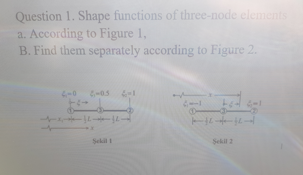 Question 1. Shape functions of three-node elements
a. According to Figure 1,
B. Find them separately according to Figure 2.
5=0.5
5=-1
(3
2)
Tューー
ーチーーチー
Şekil 1
Şekil 2
