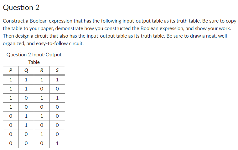 Question 2
Construct a Boolean expression that has the following input-output table as its truth table. Be sure to copy
the table to your paper, demonstrate how you constructed the Boolean expression, and show your work.
Then design a circuit that also has the input-output table as its truth table. Be sure to draw a neat, well-
organized, and easy-to-follow circuit.
Question 2 Input-Output
Table
P
1
1
1
1
0
0
0
0
QRS
1
0
1
0
1
0
1
0
1
1
0
0
1
1
0
0
1
0
1
0
0
0
0
1