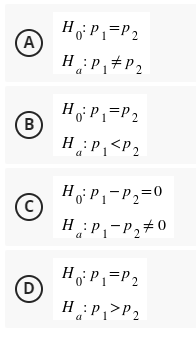 A
(В)
C
(D)
H₁ P₁ P2
H: P₁ P₂
a
Ho:
P₁=P2
HP₁<P2
Ho:
P₁-P₂=0
HP₁-P₂ #0
Ho: P₁ P₂
HP₁P₂
a
1