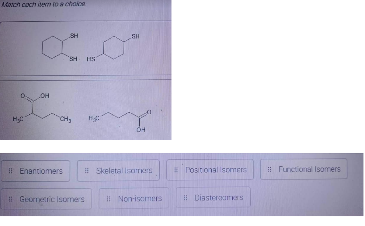 Match each item to a choice:
SH
SH
H3C
OH
CH 3
Enantiomers
Geometric Isomers
SH
OH
Skeletal Isomers
HS
H₂C
Non-isomers
Positional Isomers
Diastereomers
Functional Isomers