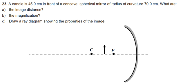 23. A candle is 45.0 cm in front of a concave spherical mirror of radius of curvature 70.0 cm. What are:
a) the image distance?
b) the magnification?
c) Draw a ray diagram showing the properties of the image.
