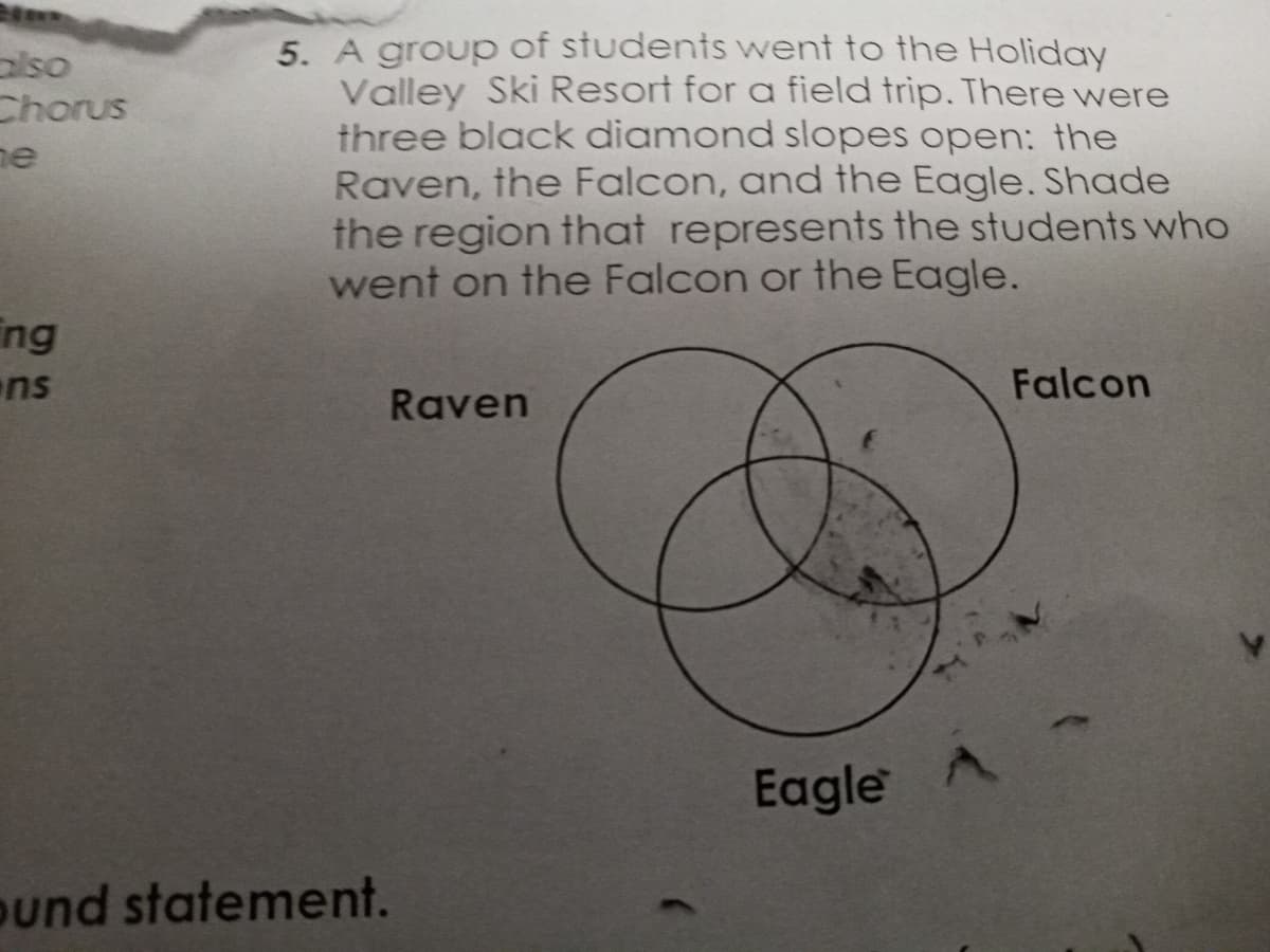 5. A group of students went to the Holiday
Valley Ski Resort for a field trip. There were
three black diamond slopes open: the
Raven, the Falcon, and the Eagle. Shade
the region that represents the students who
went on the Falcon or the Eagle.
Falcon
Raven
Eagle
also
Chorus
he
ing
ns
und statement.