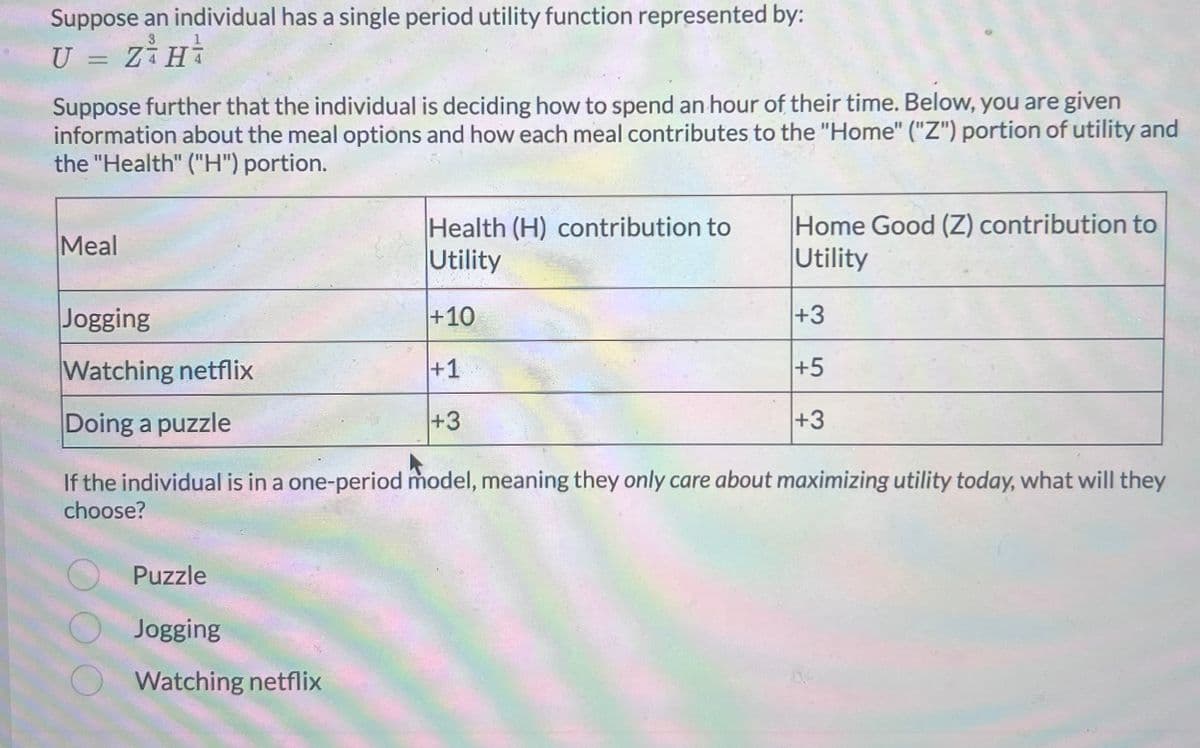 Suppose an individual has a single period utility function represented by:
U = Z²H²
Suppose further that the individual is deciding how to spend an hour of their time. Below, you are given
information about the meal options and how each meal contributes to the "Home" ("Z") portion of utility and
the "Health" ("H") portion.
Meal
Health (H) contribution to
Utility
Puzzle
Jogging
Watching netflix
+10
Home Good (Z) contribution to
Utility
Jogging
Watching netflix
Doing a puzzle
If the individual is in a one-period model, meaning they only care about maximizing utility today, what will they
choose?
+1
+3
+3
+5
+3