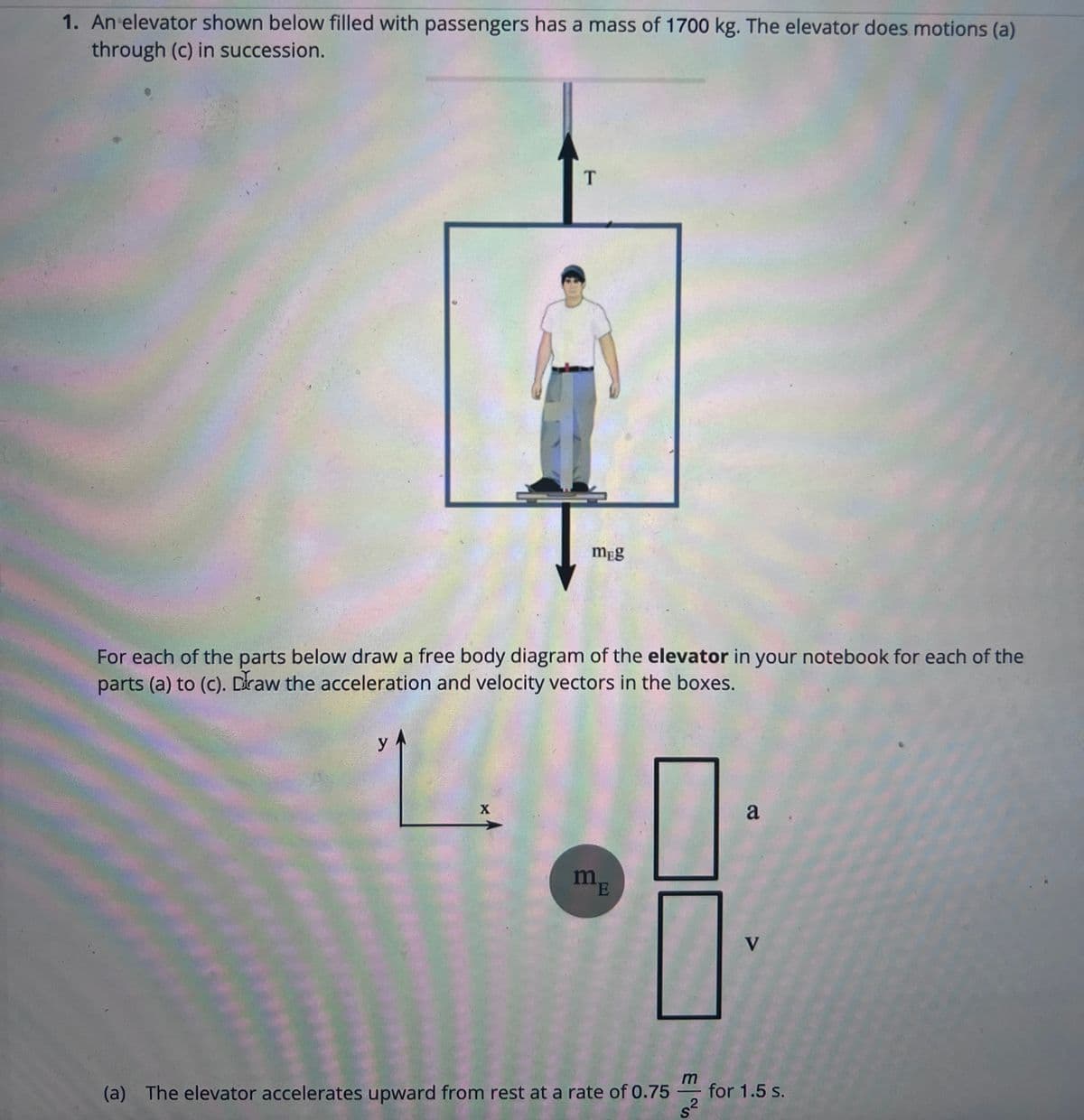 1. An elevator shown below filled with passengers has a mass of 1700 kg. The elevator does motions (a)
through (c) in succession.
T
y
L.
X
I
meg
For each of the parts below draw a free body diagram of the elevator in your notebook for each of the
parts (a) to (c). Draw the acceleration and velocity vectors in the boxes.
m
E
(a) The elevator accelerates upward from rest at a rate of 0.75
2
S
a
V
for 1.5 s.