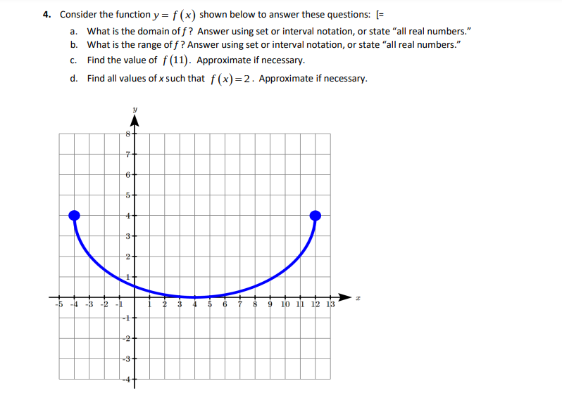 4. Consider the function y = f (x) shown below to answer these questions: [=
a. What is the domain of f? Answer using set or interval notation, or state "all real numbers."
b. What is the range of f ? Answer using set or interval notation, or state "all real numbers."
c. Find the value of f (11). Approximate if necessary.
d. Find all values of x such that f(x) =2. Approximate if necessary.
8-
구
5-
3-
-5 -4 -3 -2 -1
$ 9 10 11 12 13
-2
-3
