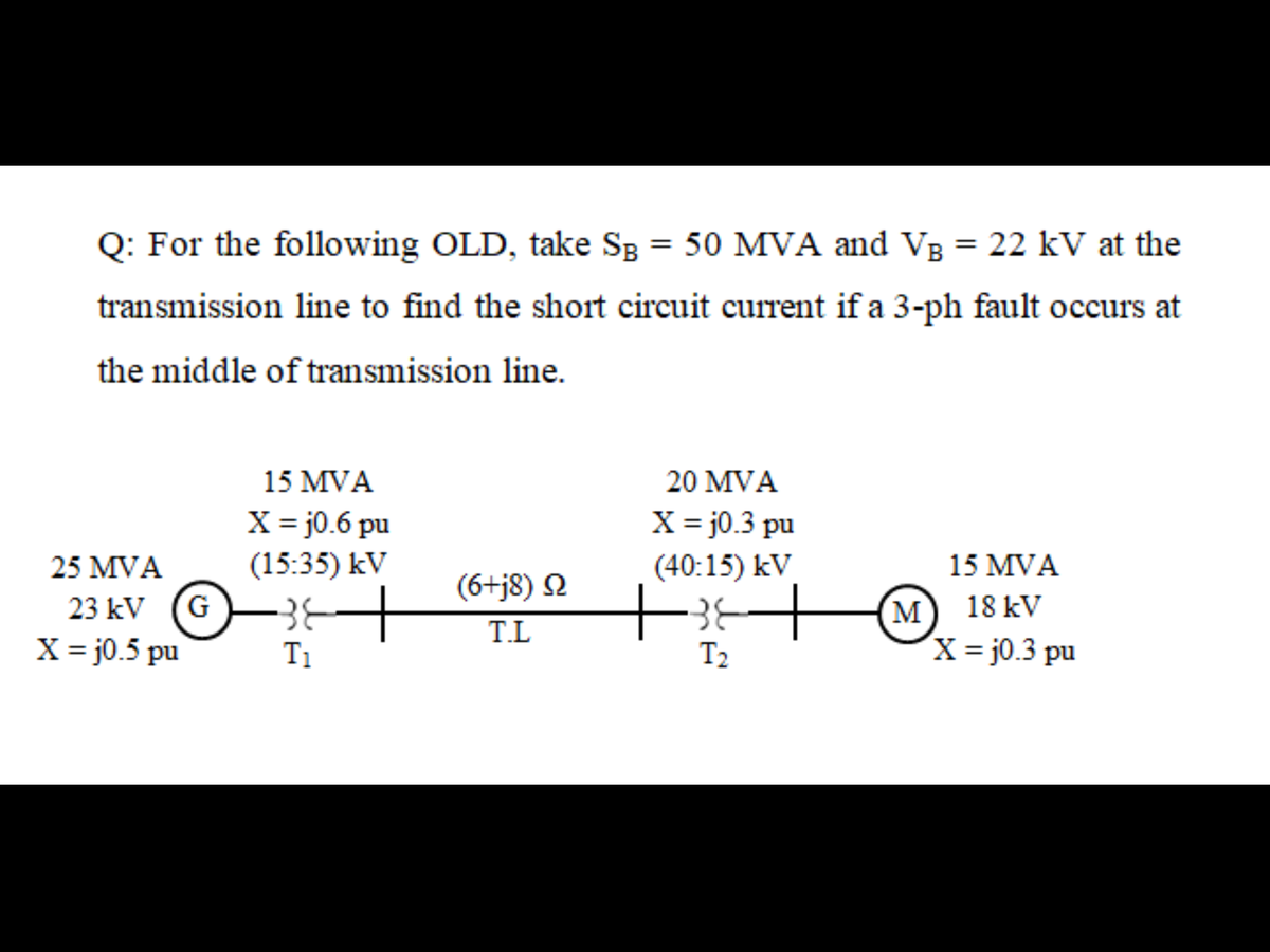 Q: For the following OLD, take Sp = 50 MVA and VB = 22 kV at the
%3D
transmission line to find the short circuit current if a 3-ph fault occurs at
the middle of transmission line.
15 MVA
20 MVA
X = j0.6 pu
X = j0.3 pu
(40:15) kV
25 MVA
(15:35) kV
15 MVA
(6+j8) N
23 kV (G
X = j0.5 pu
M) 18 kV
x = j0.3 pu
T.L
T1
T2
