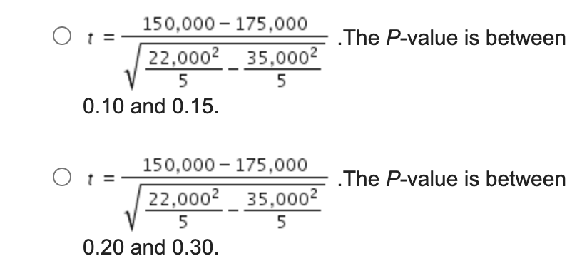 150,000 175,000
22,000²
35,000²
5
5
0.10 and 0.15.
Ot=
150,000
22,0002
5
0.20 and 0.30.
Ot=
175,000
35,000²
5
.The P-value is between
.The P-value is between