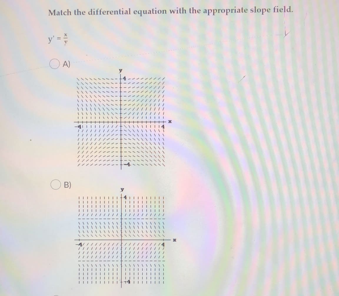 Match the differential equation with the appropriate slope field.
y' =
A)
/////
B)
