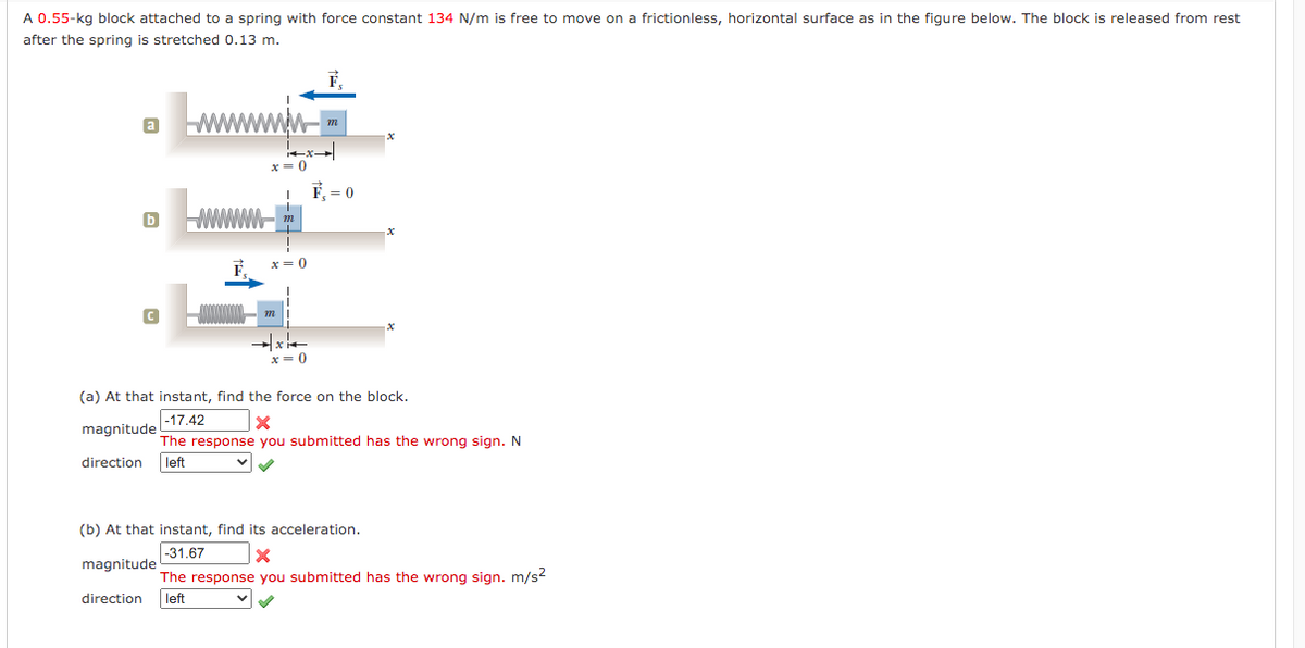 A 0.55-kg block attached to a spring with force constant 134 N/m is free to move on a frictionless, horizontal surface as in the fiqure below. The block is released from rest
after the spring is stretched 0.13 m.
www.
É = 0
x= 0
x = 0
(a) At that instant, find the force on the block.
|-17.42
magnitude
The response you submitted has the wrong sign. N
direction
left
(b) At that instant, find its acceleration.
|-31.67
magnitude
The response you submitted has the wrong sign. m/s2
direction
left
