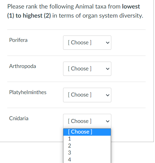 Please rank the following Animal taxa from lowest
(1) to highest (2) in terms of organ system diversity.
Porifera
[Choose ]
Arthropoda
[Choose ]
Platyhelminthes
[Choose ]
Cnidaria
[Choose ]
[Choose ]
123+
4