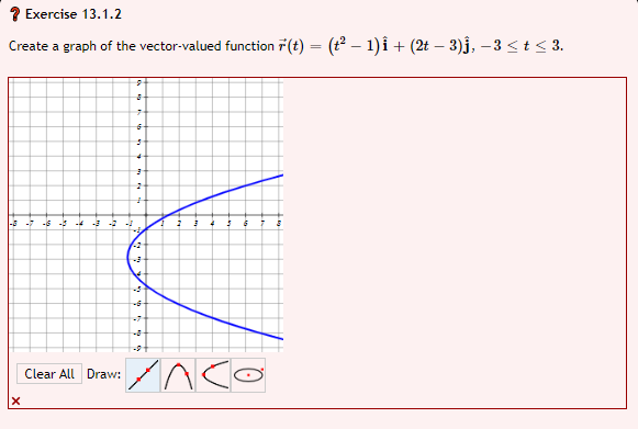 ? Exercise 13.1.2
Create a graph of the vector-valued function 7(t) = (t2 – 1)î + (2t – 3)j, –3 <t< 3.
%3!
-2
-7
-9
Clear All Draw:
