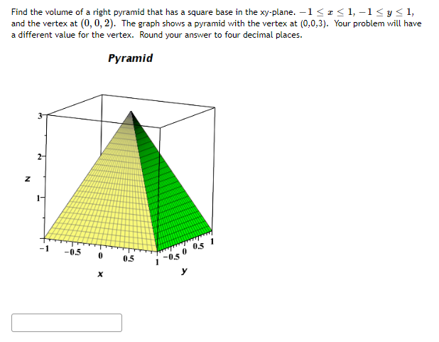 Find the volume of a right pyramid that has a square base in the xy-plane. − 1 ≤ x ≤ 1, −1≤ y ≤ 1,
and the vertex at (0, 0, 2). The graph shows a pyramid with the vertex at (0,0,3). Your problem will have
a different value for the vertex. Round your answer to four decimal places.
Pyramid
2
N
1-
-1
-0.5 0
X
0.5
1
0.5