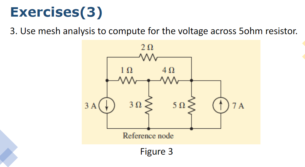 Exercises(3)
3. Use mesh analysis to compute for the voltage across 5ohm resistor.
20
1Ω
4Ω
3 A(4) 30{
(†)7A
ЗА
5Ω
Reference node
Figure 3
