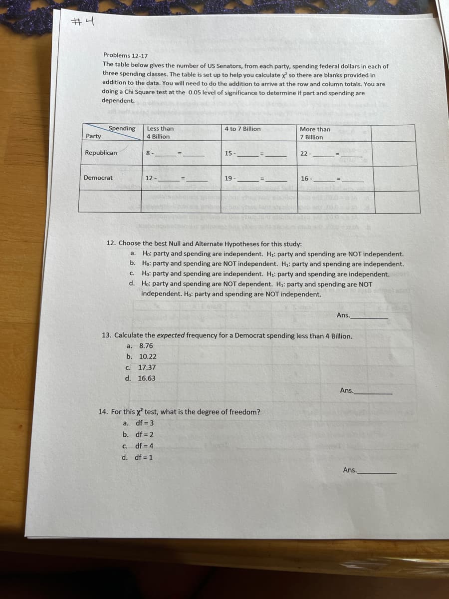 #4
Problems 12-17
The table below gives the number of US Senators, from each party, spending federal dollars in each of
three spending classes. The table is set up to help you calculate x² so there are blanks provided in
addition to the data. You will need to do the addition to arrive at the row and column totals. You are
doing a Chi Square test at the 0.05 level of significance to determine if part and spending are
dependent.
Spending
4 to 7 Billion
Less than
4 Billion
More than
7 Billion
8-
15-
22-
12-
19-
16-
bo
Une vien
12. Choose the best Null and Alternate Hypotheses for this study:
a.
Ho: party and spending are independent. H₁: party and spending are NOT independent.
b. Ho: party and spending are NOT independent. H₁: party and spending are independent.
C. Ho: party and spending are independent. H₁: party and spending are independent.
d. Ho: party and spending are NOT dependent. H₁: party and spending are NOT
independent. Ho: party and spending are NOT independent.
erinot sise
Ans.
13. Calculate the expected frequency for a Democrat spending less than 4 Billion.
a. 8.76
b. 10.22
C. 17.37
d. 16.63
Ans.
14. For this x² test, what is the degree of freedom?
a. df = 3
b. df = 2
c.
df = 4
d. df = 1
Party
Republican
Democrat
Ans.