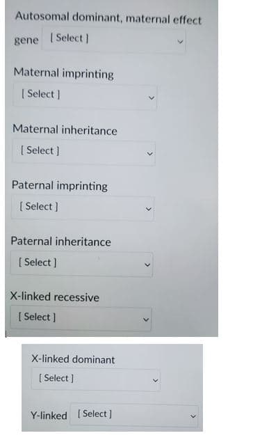 Autosomal dominant, maternal effect
gene
| Select ]
Maternal imprinting
[ Select ]
Maternal inheritance
[ Select ]
Paternal imprinting
[ Select ]
Paternal inheritance
[ Select ]
X-linked recessive
[ Select ]
X-linked dominant
[ Select ]
Y-linked ( Select ]
