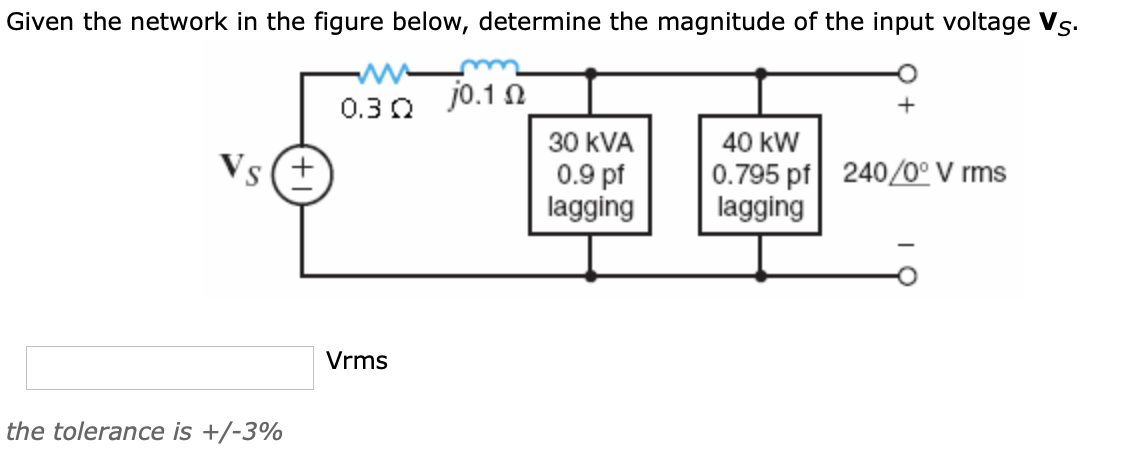 Given the network in the figure below, determine the magnitude of the input voltage Vs.
0.3 0
jo.1 0
30 kVA
40 kW
Vs (+
0.9 pf
lagging
0.795 pf 240/0° V rms
lagging
Vrms
the tolerance is +/-3%
