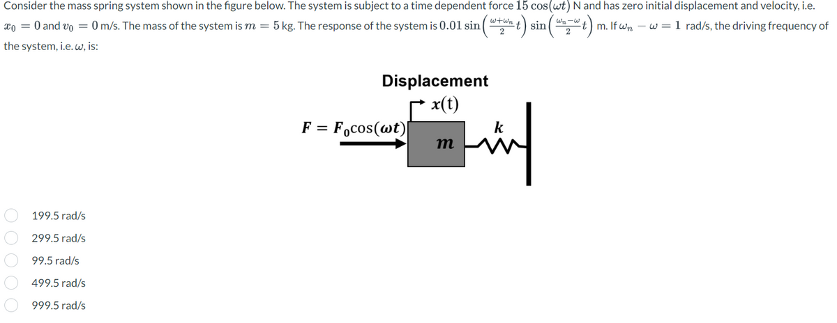 Consider the mass spring system shown in the figure below. The system is subject to a time dependent force 15 cos (wt) N and has zero initial displacement and velocity, i.e.
w+wn
Wn-w
-t) sin
²t) m. Ifwn - w = 1 rad/s, the driving frequency of
x = 0 and v0 = 0 m/s. The mass of the system is m = 5 kg. The response of the system is 0.01 sin
2
the system, i.e. w, is:
0 0 0 0 0
199.5
299.5
99.5 rad/s
499.5 rad/s
999.5 rad/s
rad/s
rad/s
Displacement
x(t)
F = Focos(wt)|
m
fünf