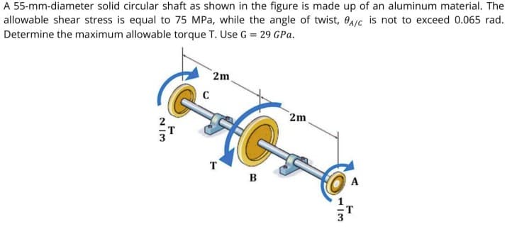 A 55-mm-diameter solid circular shaft as shown in the figure is made up of an aluminum material. The
allowable shear stress is equal to 75 MPa, while the angle of twist, 0AIC is not to exceed 0.065 rad.
Determine the maximum allowable torque T. Use G = 29 GPa.
2m
2m
T
в
A
