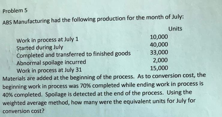 Problem 5
ABS Manufacturing had the following production for the month of July:
Units
Work in process at July 1
Started during July
Completed and transferred to finished goods
Abnormal spoilage incurred
Work in process at July 31
Materials are added at the beginning of the process. As to conversion cost, the
beginning work in process was 70% completed while ending work in process is
40% completed. Spoilage is detected at the end of the process. Using the
weighted average method, how many were the equivalent units for July for
10,000
40,000
33,000
2,000
15,000
conversion cost?
