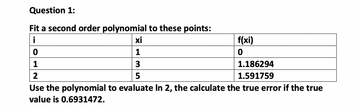 Question 1:
Fit a second order polynomial to these points:
i
xi
f(xi)
1
1
3
1.186294
2
5
1.591759
Use the polynomial to evaluate In 2, the calculate the true error if the true
value is 0.6931472.
