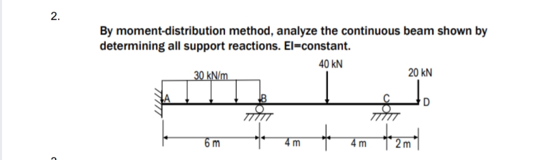 2.
By moment-distribution method, analyze the continuous beam shown by
determining all support reactions. El=constant.
40 kN
30 kN/m
20 kN
B
C
D
4m 12m
6 m
4 m
2 m
7/777
