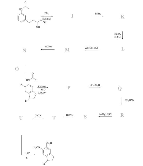 HN
N
U
HN
Pr
H₂O+
A
OH
PBr,
pyridine
Et
1. КОН
CUCN
HONO
H₂O
2. H₂O+
H CO.
CO.H
g
Pr
M
J
P
HONO
FeBr
Zn(Hg), HCI
S
CECOH
Zn(Hg), HCI
K
HNO3
H₂SO4
L
R
CH,ONa