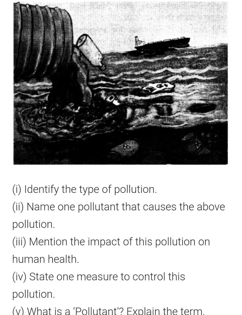 (1) Identify the type of pollution.
(ii) Name one pollutant that causes the above
pollution.
(iii) Mention the impact of this pollution on
human health.
(iv) State one measure to control this
pollution.
(v) What is a 'Pollutant'? Explain the term.
