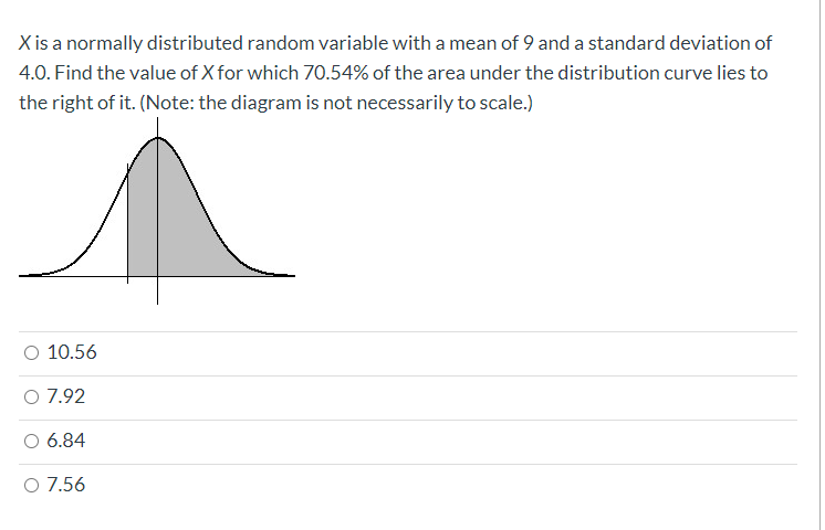 X is a normally distributed random variable with a mean of 9 and a standard deviation of
4.0. Find the value of X for which 70.54% of the area under the distribution curve lies to
the right of it. (Note: the diagram is not necessarily to scale.)
O 10.56
O 7.92
O 6.84
O 7.56
