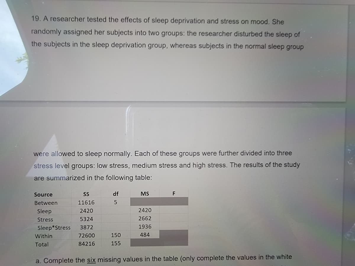 19. A researcher tested the effects of sleep deprivation and stress on mood. She
randomly assigned her subjects into two groups: the researcher disturbed the sleep of
the subjects in the sleep deprivation group, whereas subjects in the normal sleep group
were allowed to sleep normally. Each of these groups were further divided into three
stress level groups: low stress, medium stress and high stress. The results of the study
are summarized in the following table:
Source
SS
df
MS
F
Between
11616
Sleep
2420
2420
Stress
5324
2662
Sleep*Stress
3872
1936
Within
72600
150
484
Total
84216
155
a. Complete the six missing values in the table (only complete the values in the white
