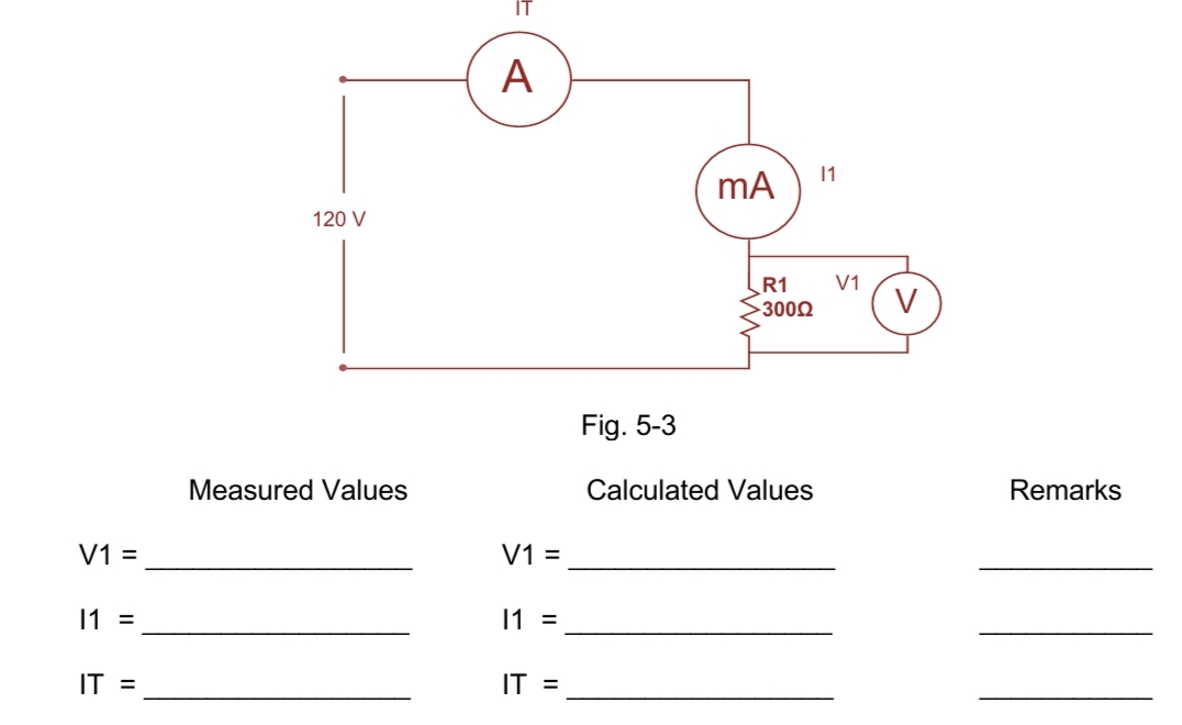 A
11
mA
120 V
V1
R1
3000
V
Fig. 5-3
Measured Values
Calculated Values
Remarks
V1 =
V1 =
1 =
1 =
IT =
IT =
