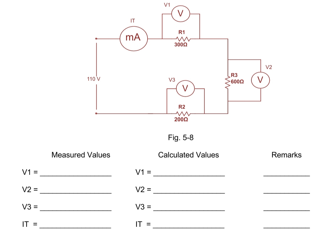 V1
V
IT
R1
mA
3000
V2
R3
110 V
V3
V
6002
V
R2
2002
Fig. 5-8
Measured Values
Calculated Values
Remarks
V1 =
V1 =
V2 =
V2 =
V3 =
V3 =
IT =
IT =
