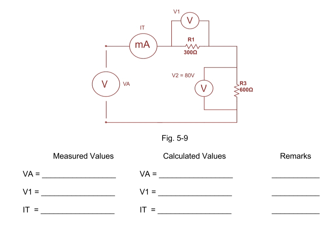 V1
V
IT
R1
mA
3000
V2 = 80V
V
VA
R3
V
>6002
Fig. 5-9
Measured Values
Calculated Values
Remarks
VA =
VA =
V1 =
V1 =
IT =
IT =
