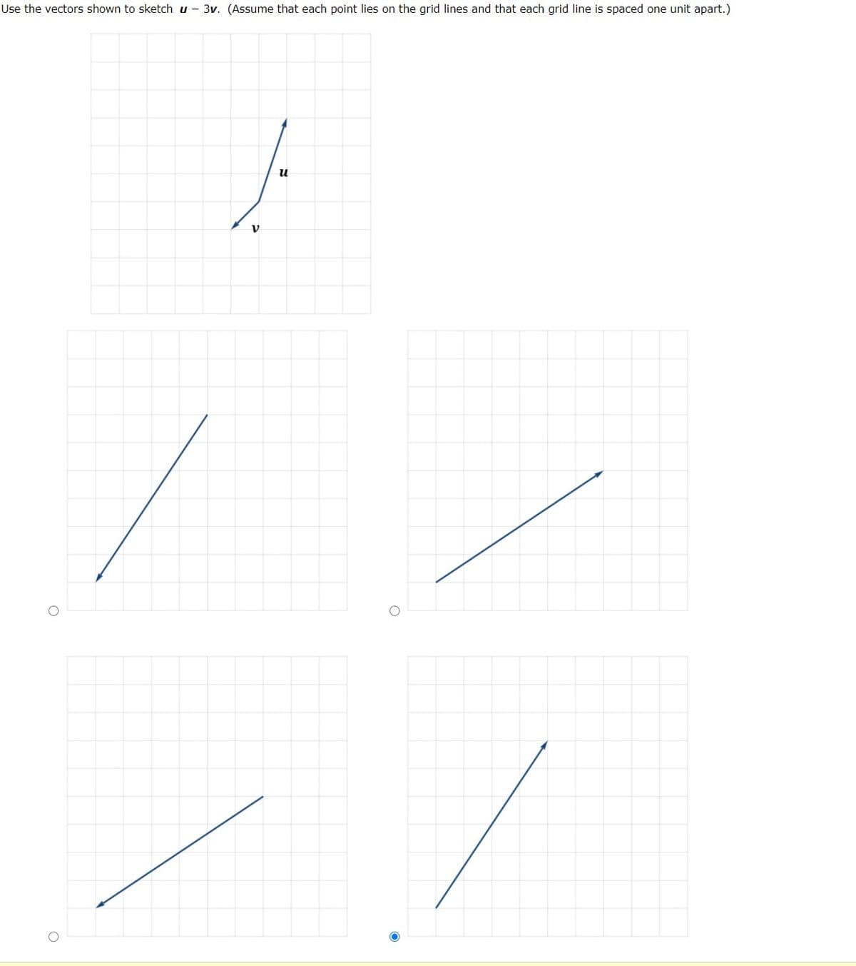 Use the vectors shown to sketch u - 3v. (Assume that each point lies on the grid lines and that each grid line is spaced one unit apart.)
u
