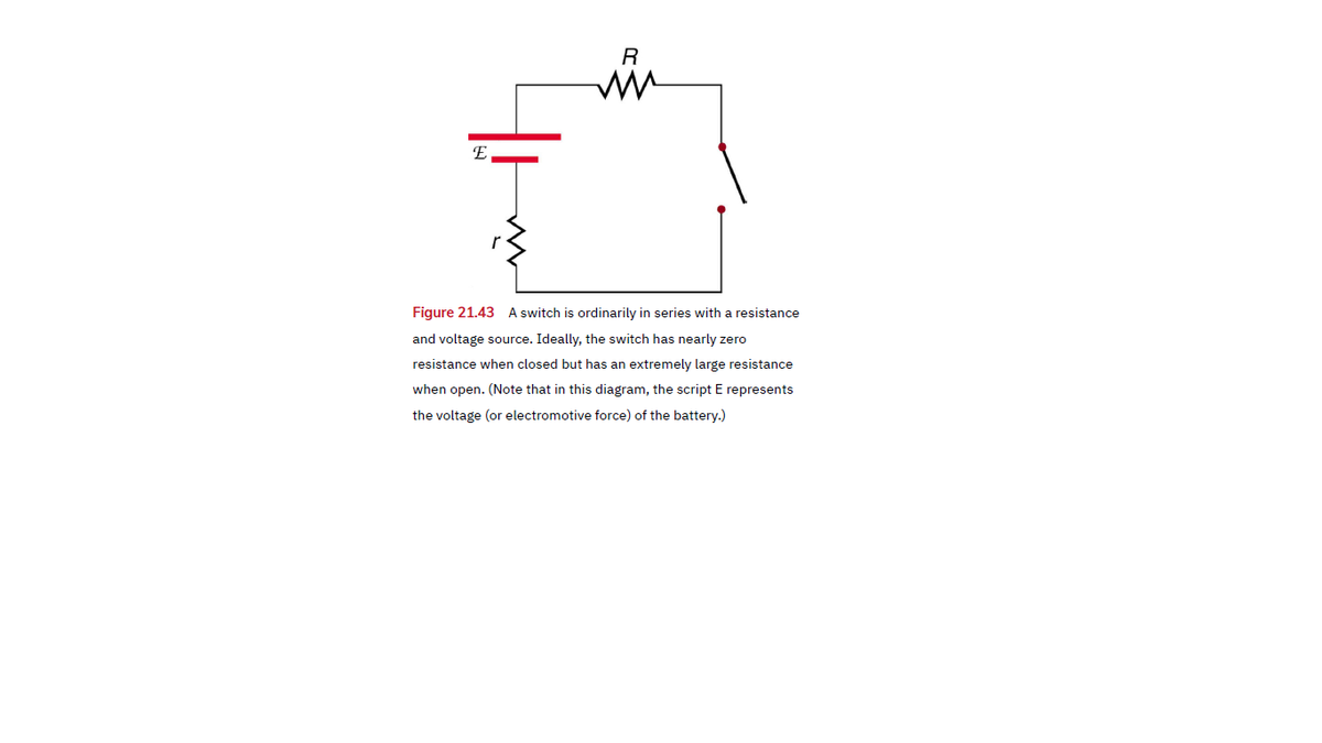 R
E
Figure 21.43 A switch is ordinarily in series with a resistance
and voltage source. Ideally, the switch has nearly zero
resistance when closed but has an extremely large resistance
when open. (Note that in this diagram, the script E represents
the voltage (or electromotive force) of the battery.)

